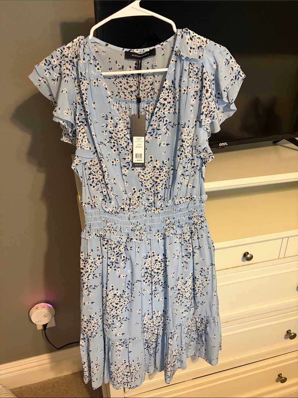BCBGMaxAzria Light Blue Floral V-Neck Ruffle Mini Dress